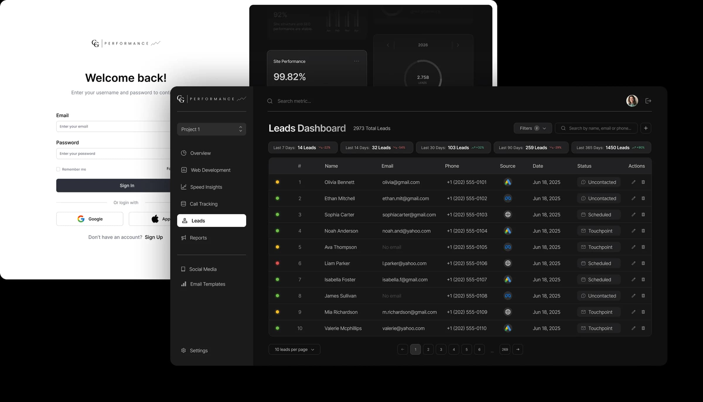 CG Performance sign-in, site performance and leads dashboard screens