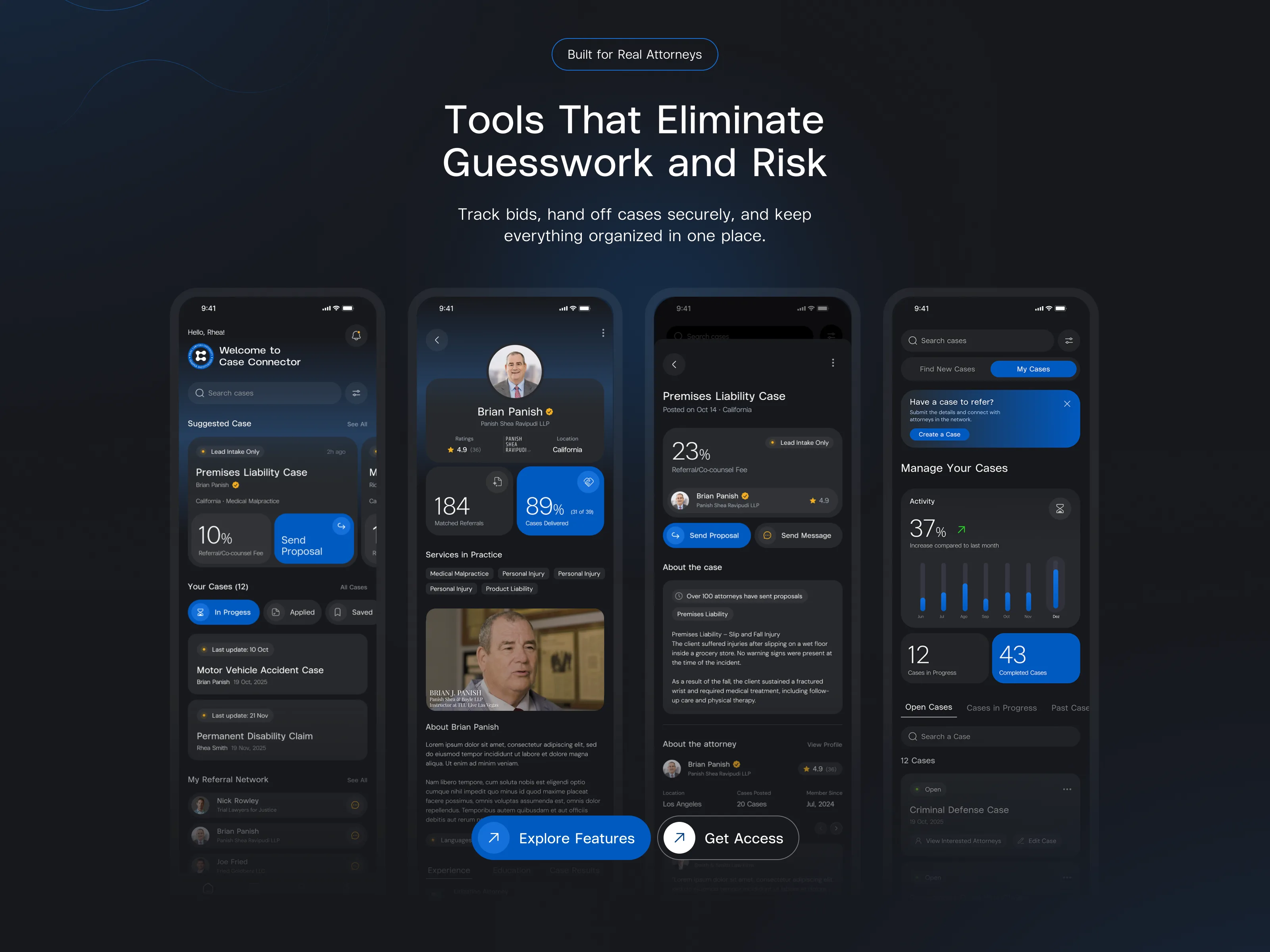 Tools That Eliminate Guesswork and Risk: four app screens showing the home feed, an attorney profile, a case overview and case management.