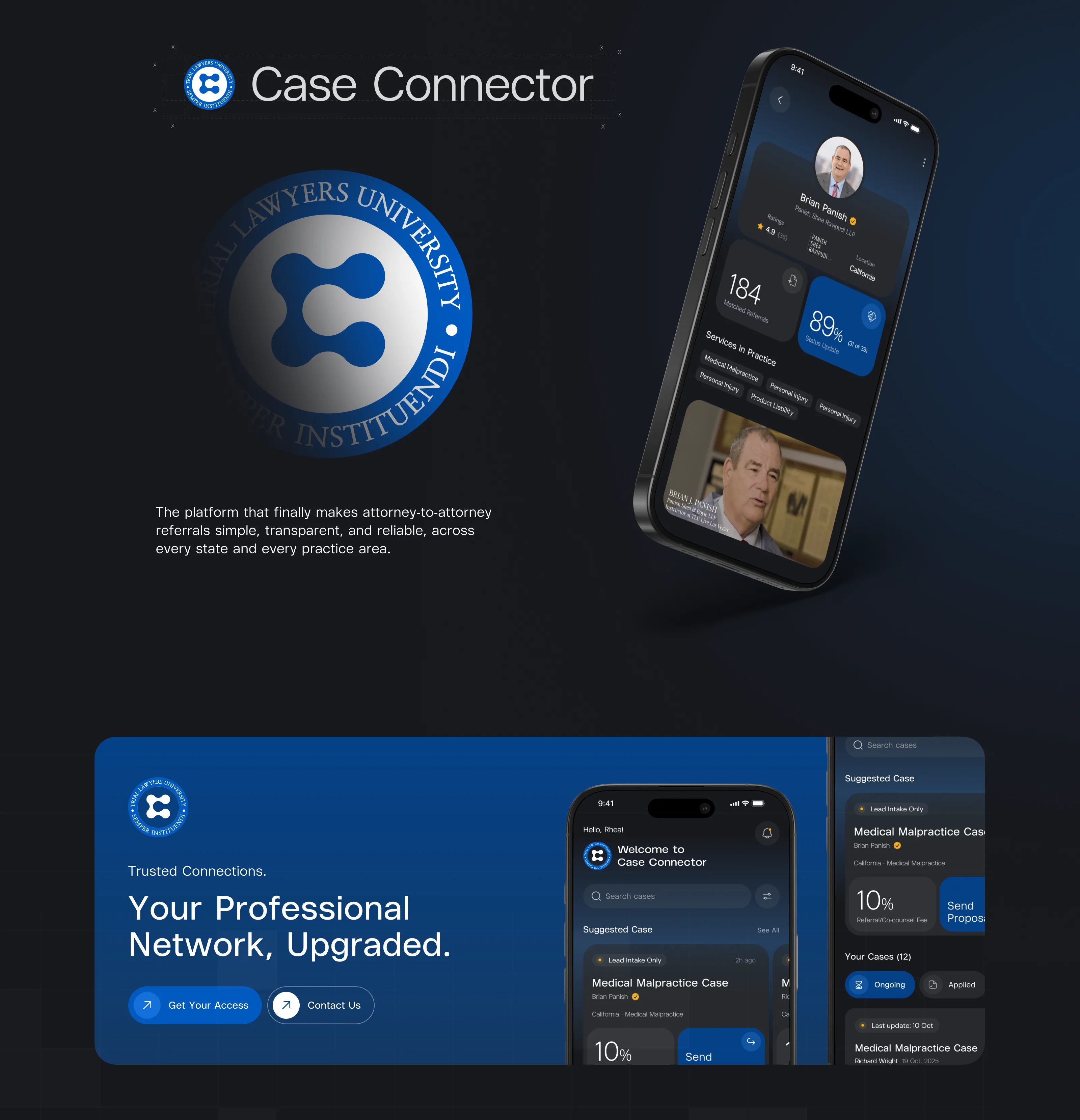 Case Connector brand mark by Trial Lawyers University, and a banner: Trusted Connections. Your Professional Network, Upgraded.