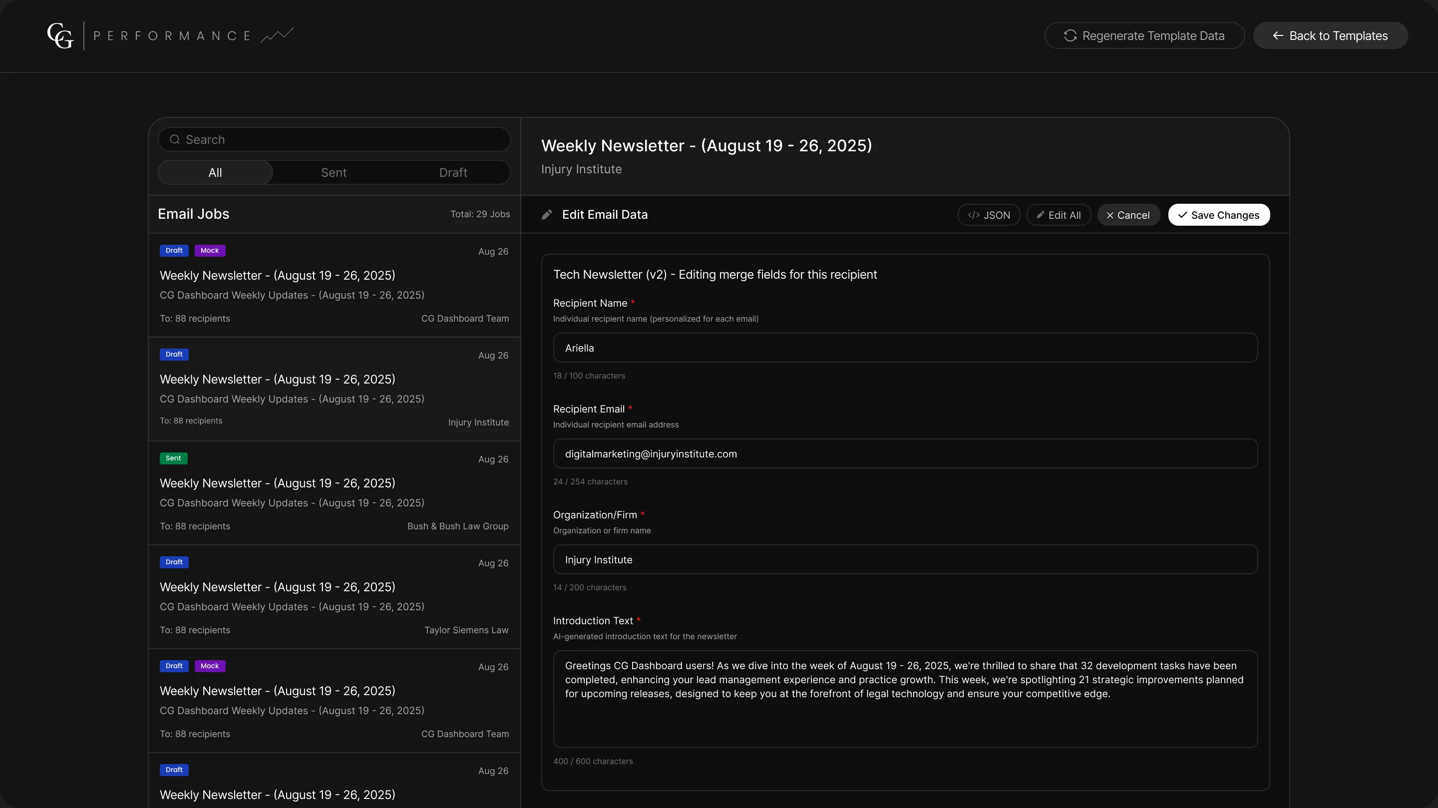 Email Templates screen editing a newsletter's merge fields