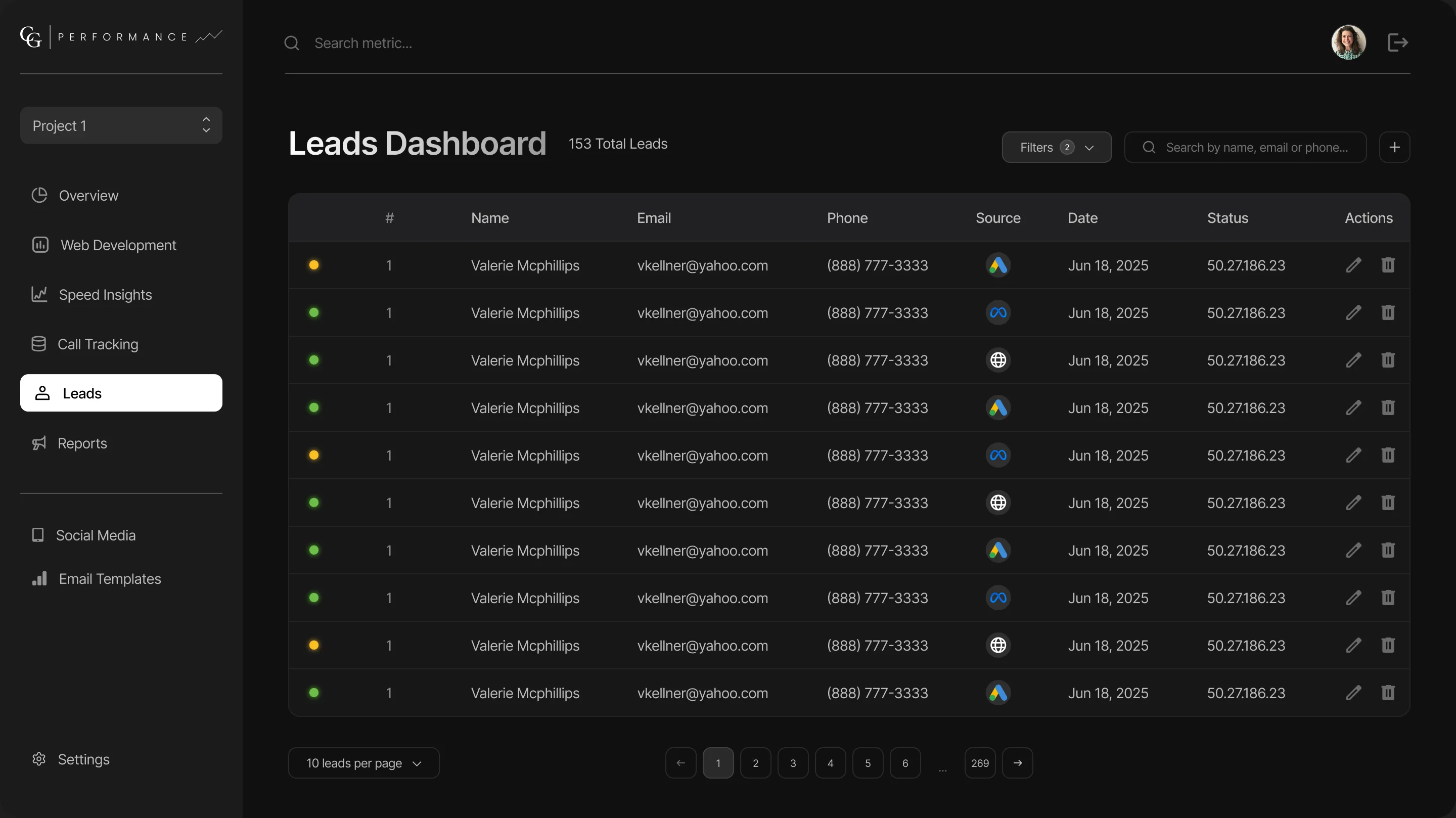 Leads dashboard table with status, contact details, source and actions